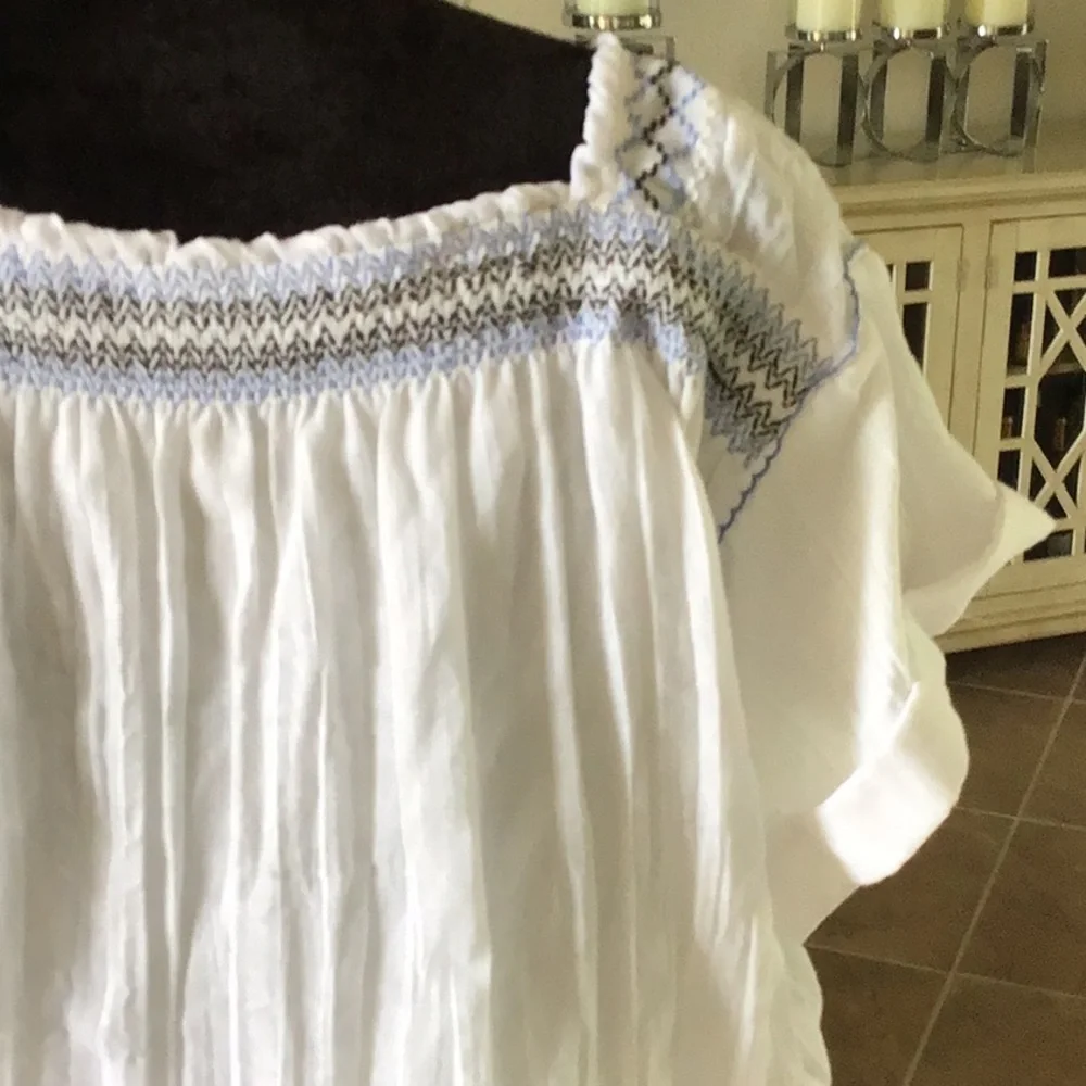 Free People White Smocked Square Neck Peasant Top with Light Blue Trim